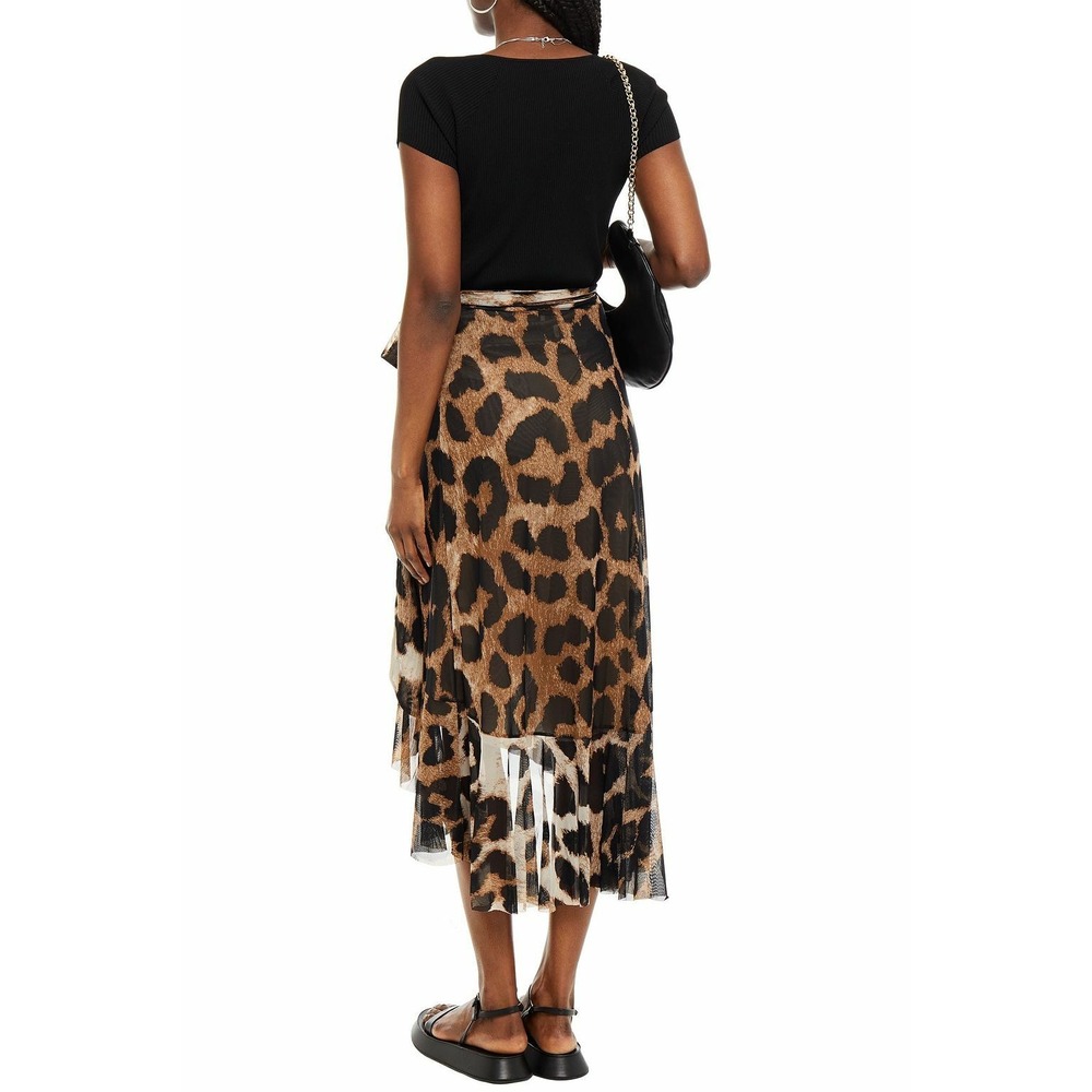 GANNI Leopard Print Mesh Ruffled Wrap Midi Skirt Brown EU 38 US 6 $245 - Picture 2 of 16